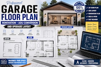 draw garage floor plans for renovation with adu conversion and upgrade layout