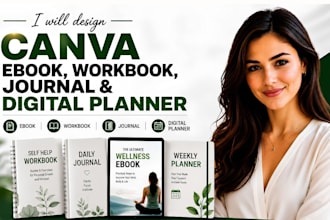 design canva ebook, self help workbook, wellness journal, digital planner design