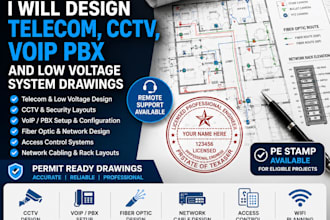 design telecom, cctv, voip pbx and low voltage system drawings with pe stamp