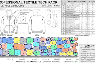 create apparel tech pack and garment cad pattern for zip hoodie or jacket