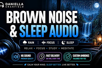 create brown noise audio, deep sleep music, focus ambience, cozy rain, waterfall
