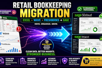 migrate retail bookkeeping from excel, wave or freshbooks to sage 50 or intacct