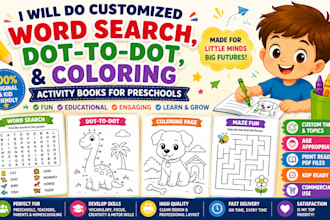 do customized words search, dot tot dot, coloring activity books for pre schools