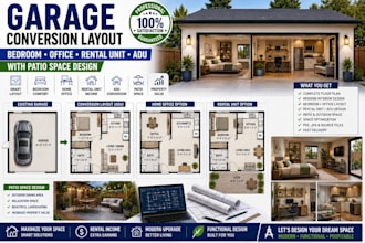 design garage conversion layouts with bedroom office rental unit adu and patio