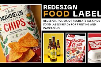 redesign, recreate all kinds of food labels ready for printing and packaging