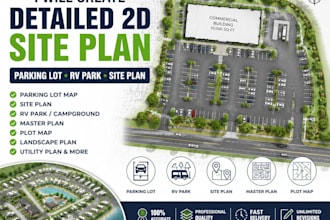 create detailed 2d parking lot map, site plan, rv park, parking lot
