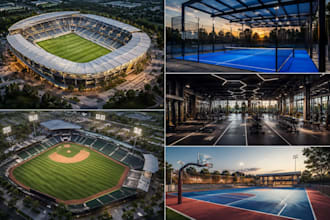 design and rendering your stadium, paddle court, gym, baseball sport court in 3d