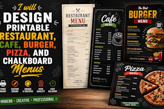 design printable restaurant menu, chalkboard menu, pizza, burger and cafe flyer