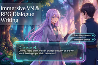 write immersive visual novel, rpg game dialogue scripts branching quest dialogue