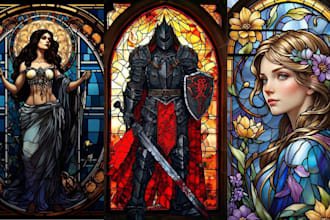 create custom stained glass art illustration for fantasy character and cover