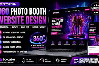 design 360 photobooth website, party rental, event, night club, booqable website