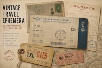 create realistic vintage travel ephemera in layered PSD