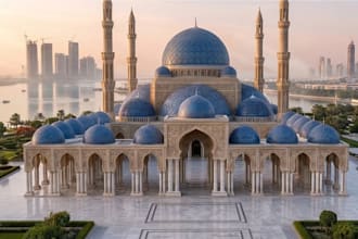 design 3d exterior mosque, religion building, church, worship space prayer room