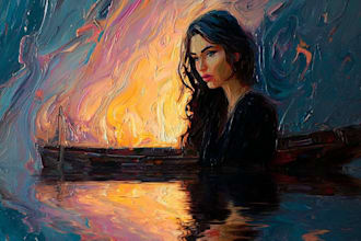 create sunset beach oil painting cinematic artistic style