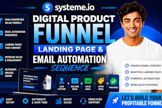 setup systeme io digital product funnel landing page and email automation sequen