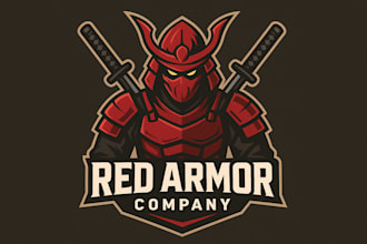 create red armor ronin samurai dual katana mascot logo with text with any file