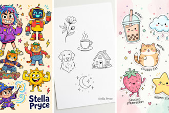 draw hand drawn doodle illustration, doodle art, custom doodle sticker design