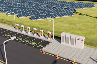 convert 2d to industrial solar panel, warehouse layout, drone site cgi rendering