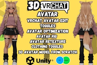 do custom vrchat avatar edit, avatar toggles add asset, texturing,  3d model avi