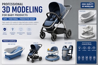 design baby bathtub, stroller, walker, carrier in professional 3d modeling