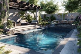 design backyard landscape, pool, patio, garden and terrace