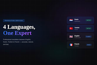 professionally translate between english, dutch, turkish and french