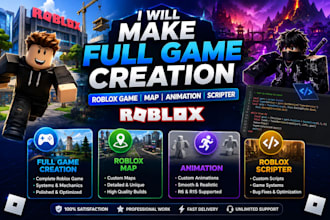 make full game creation, roblox game, roblox map, animation, roblox scripter