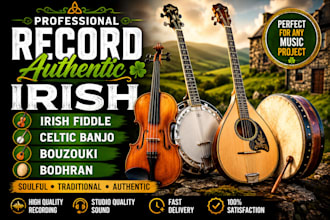 record authentic irish fiddle, celtic banjo, bouzouki bodhran for your track