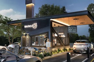 drive thru takeout restaurant,cgi exterior,interior render,retail store branding