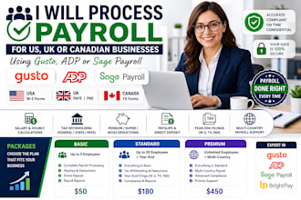 process payroll for US, UK, canadian businesses using gusto, adp or sage payroll