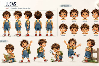 design cute childrens book characters with pose and expression sheets