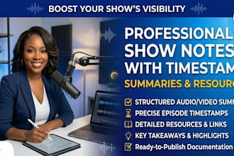 write professional podcast show notes with timestamps, summaries, and resources
