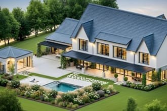 plan and design story pavilion, improve facade house, garden cgi, front yard,dwg