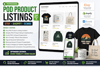 do and optimize etsy pod product listing, shopify or ecwid pod product listing