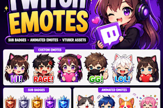 design custom twitch emotes sub badges animated emotes and vtuber assets
