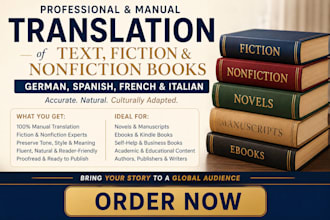translate german, spanish, french,  italian text fiction nonfiction books