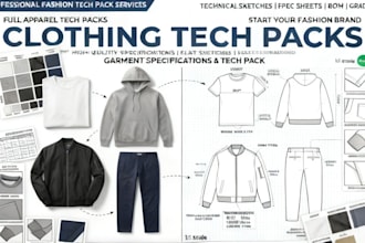 do clothing tech pack for t shirts, hoodie, jacket, garment, pants, flat sketch