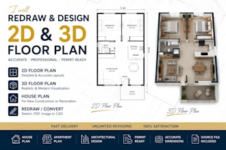 redraw, design 2d floor plan, 3d floor plan, house plan and rendering