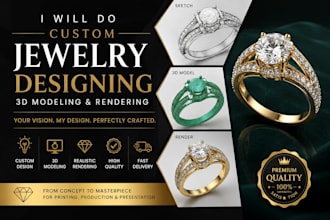 do a unique custom concept creative jewelry 3d designing modeling and rendering