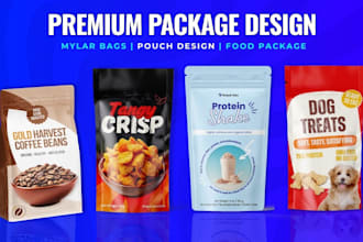 do product packaging, mylar bag, pouch, label design, box design and bag design
