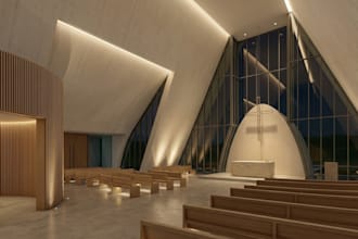 design modern church interior, exterior, 3d rendering and lighting