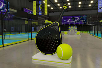 layout 3d padel court,sports facility,modern courtside seating,lounge area,cgi