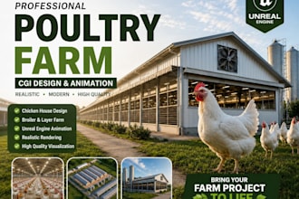 create unreal engine poultry farm cgi, chicken house design and animation