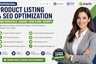 do product listing and optimize on faire wholesale square stan store shopify seo