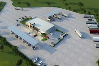 3d truck stop design, truck station rendering, highway rest area, truck terminal