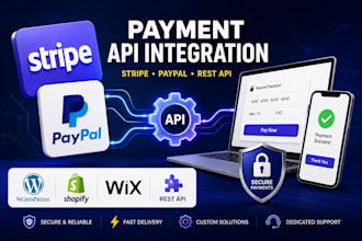 setup stripe paypal payment gateway, API integration for wordpress, wix shopify