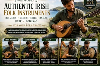 record authentic irish bouzouki, celtic fiddle, banjo, harp and bodhranb for you