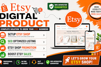 etsy digital product, setup etsy shop seo listing etsy shop promotion etsy sales