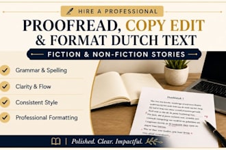 language proofread, copy edit, format fiction dutch text, document, book, novel