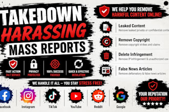 takedown harassing mass reports for tiktok facebook instagram reddit under dmca